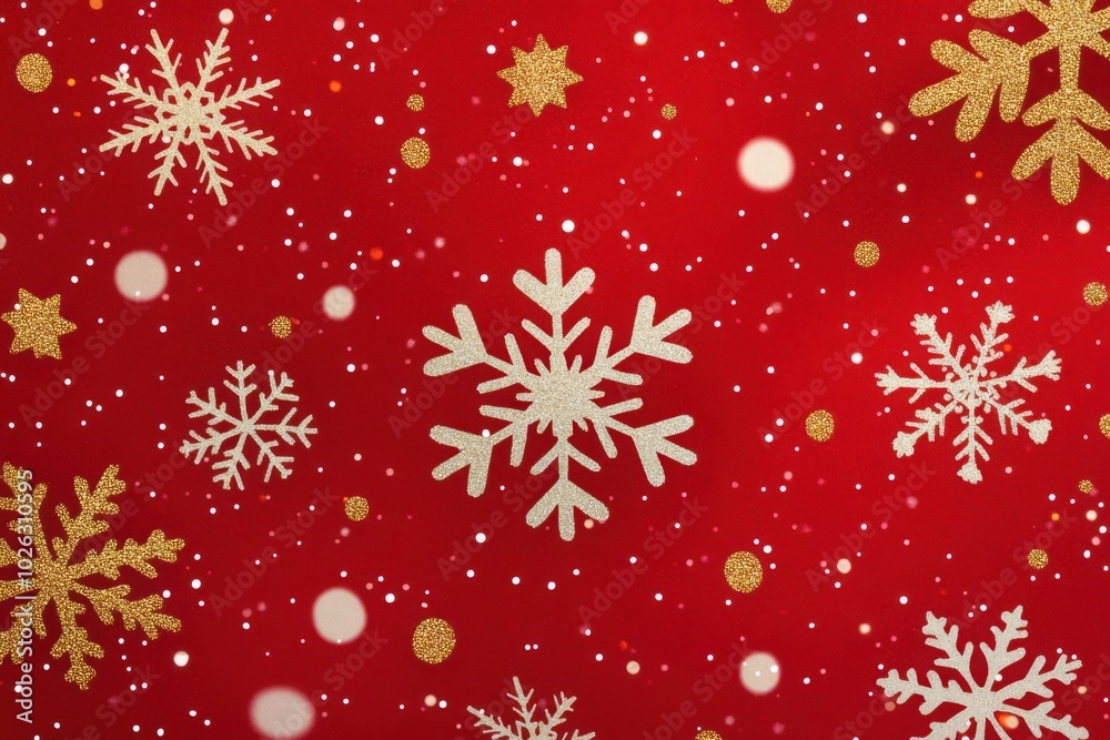 Obraz premium Golden and white snowflakes beautifully falling on a vibrant red background, creating a festive and warm holiday atmosphere