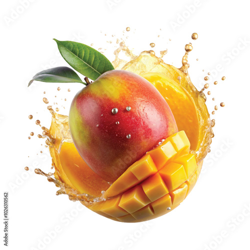 realistic mango juice splash slice png design 