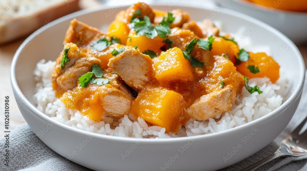 A bowl of white rice topped with chicken and pumpkin in a creamy orange sauce, garnished with parsley. A bowl of white rice topped with chicken and pumpkin in a creamy orange sauce, garnished with parsley.
