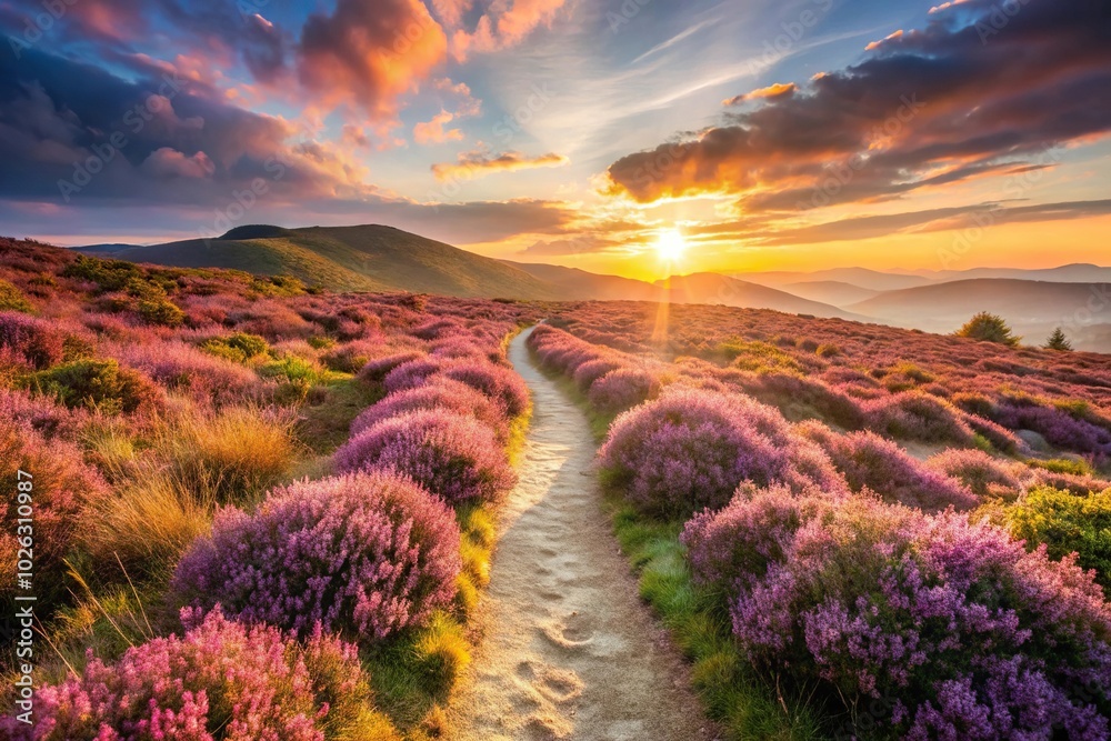 Mountain path surrounded by blooming heather flowers in golden sunset light Mountain path surrounded by blooming heather flowers in golden sunset light