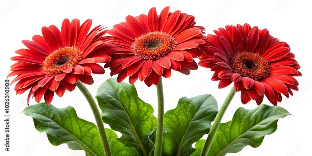 Vivid red Gerbera daisies surrounded by lush green leaves create a stunning floral art piece perfect for enhancing any home decor with a lively touch. Vivid red Gerbera daisies surrounded by lush green leaves create a stunning floral art piece perfect for enhancing any home decor with a lively touch.