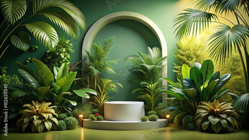 Fototapeta Naklejka Na Ścianę i Meble -  Jungle-Themed Product Photography Mockup with Arch and Lush Plants for Presentation Stand