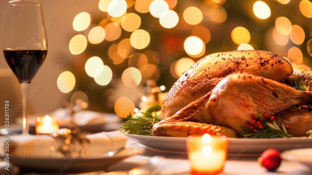 Obraz premium Festive holiday dinner table with roasted turkey and wine against warm bokeh lights.