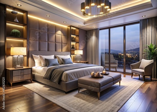 Luxury Modern Bedroom Interior at Night - Elegant Design and Cozy Furnishings for a Dreamy Atmosphere