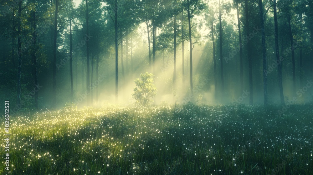 Sunbeams Piercing Through a Foggy Forest Sunbeams Piercing Through a Foggy Forest