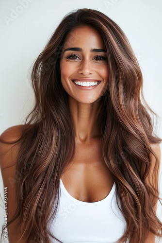 Portrait of a 30 year old beautiful Indian woman with long wavy brown hair 