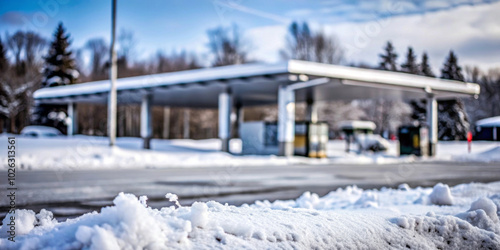A gas station stands quietly amidst a snowy landscape, with a layer of snow covering the ground and surrounding trees. The overcast sky adds to the chilly, tranquil ambiance.AI generated.