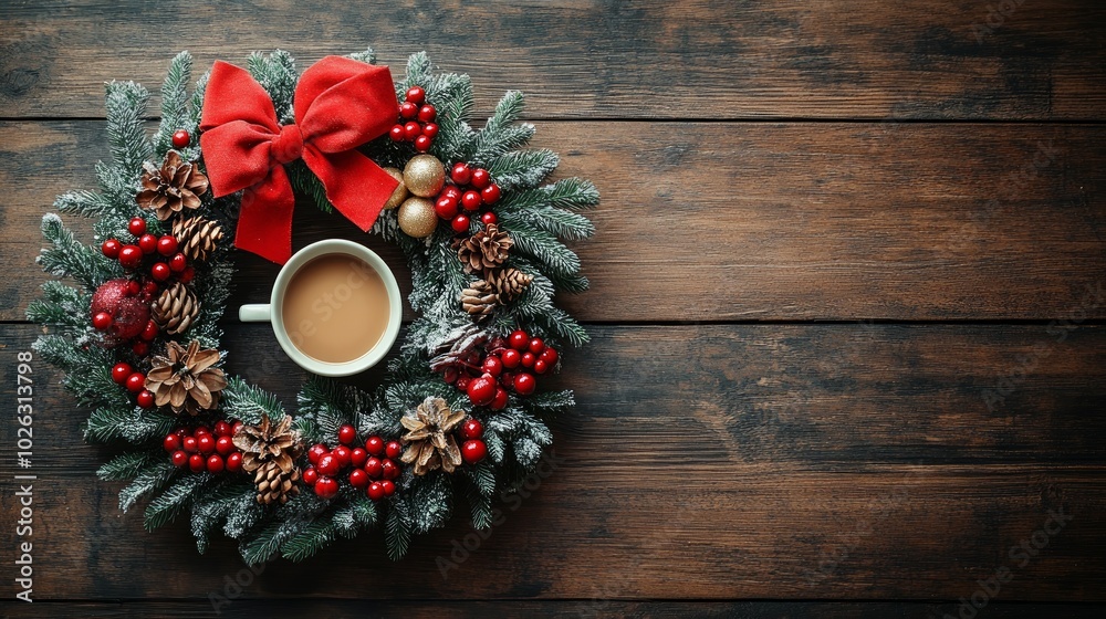 A Christmas wreath made of pine branches, pine cones, red berries, and a red bow with a cup of coffee inside the wreath, on a wooden background. A Christmas wreath made of pine branches, pine cones, red berries, and a red bow with a cup of coffee inside the wreath, on a wooden background.