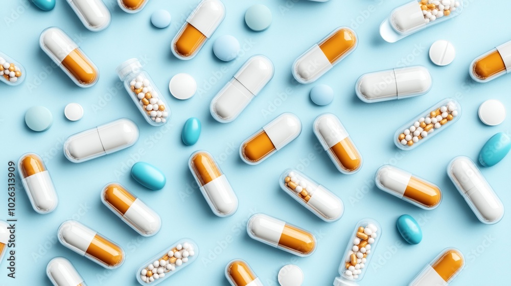 Various colorful capsules and tablets scattered on a blue background, including orange and white capsules and white and blue round tablets. Various colorful capsules and tablets scattered on a blue background, including orange and white capsules and white and blue round tablets.
