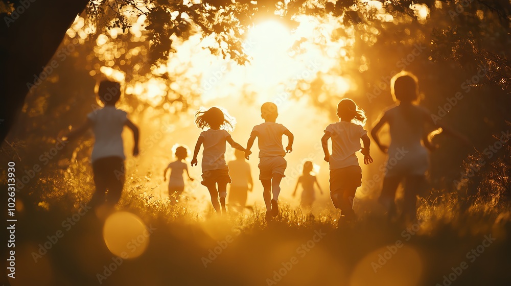 Fototapeta premium Children running in a sunlit field during golden hour.