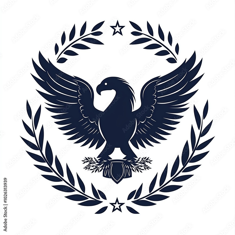 Obraz premium A stylized eagle emblem surrounded by laurel leaves and stars, symbolizing strength, power, and victory.