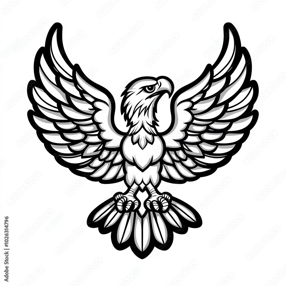 Obraz premium A stylized illustration of a soaring eagle with outstretched wings, showcasing intricate details and a dynamic pose.