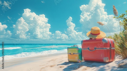 Person relaxing by the beach with colorful suitcases. photo