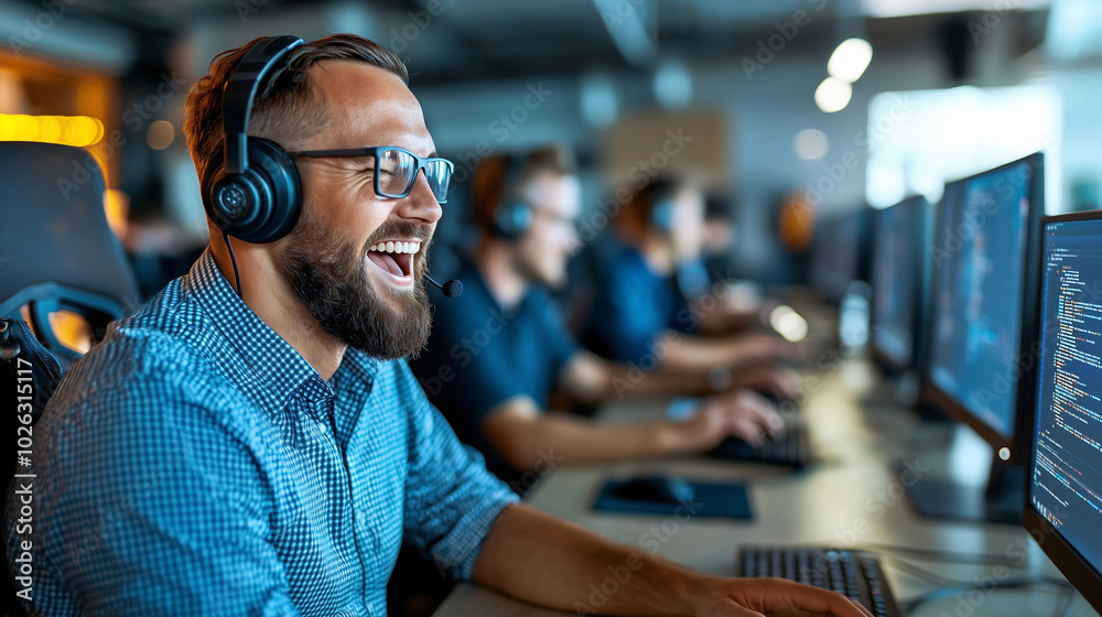 joyful male gamer wearing headphones is engaged in competitive esports environment, surrounded by fellow gamers at their computers. atmosphere is vibrant and energetic, showcasing excitement of joyful male gamer wearing headphones is engaged in competitive esports environment, surrounded by fellow gamers at their computers. atmosphere is vibrant and energetic, showcasing excitement of