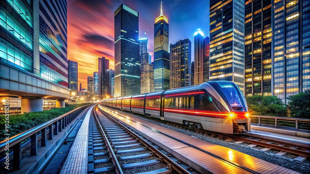 Fototapeta premium Modern Electric Train Gliding Through Urban Landscape at Night - City Night Photography