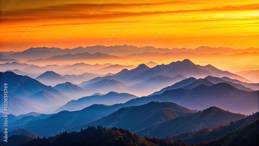 Fototapeta premium Mountain ranges fading into distance under gradient sunset sky