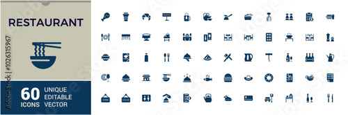 Set of solid Restaurant flat icons. Related to cooking, menu, fast food and dinner. Editable filled symbol pack. Pixel perfect. Vector illustration.