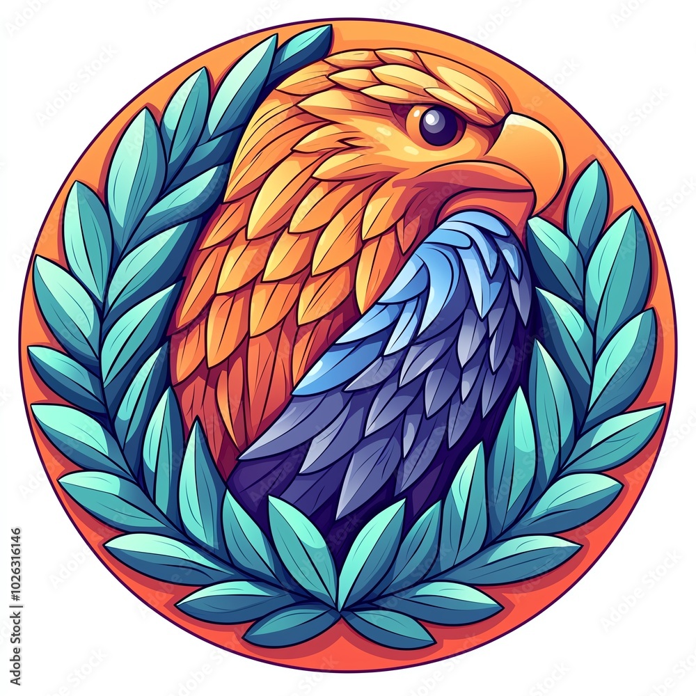Obraz premium A vibrant, stylized eagle portrait surrounded by lush leaves, illustrating strength and majesty with a bold color palette.