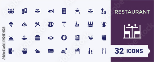 Restaurant and food solid flat icons set. Related to cooking, menu, fast food and dinner flat icon collection. Editable filled symbol pack. Pixel perfect.