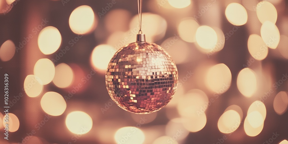 Fototapeta premium A disco ball ornament hangs against a background of twinkling lights.