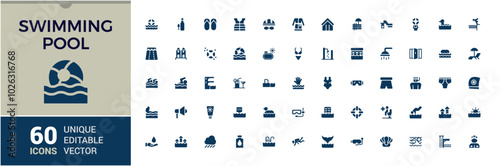 Set of solid swimming pool icons. Related to swimsuit, swimming cap, glasses, flippers, swim And more, filled icon collection. Editable and Pixel perfect. Vector illustration.