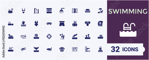 Swimming pool solid icons set. Related to glasses, flippers, cap and more. Filled icon collection. Editable and Pixel perfect flat symbol pack. Vector illustration.