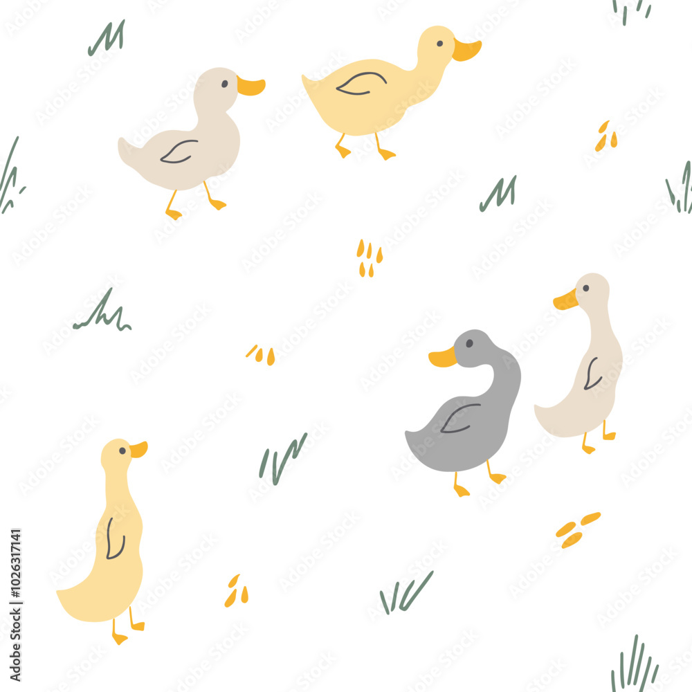 Cute Cartoon Duck Seamless Pattern, Vector Illustration Background