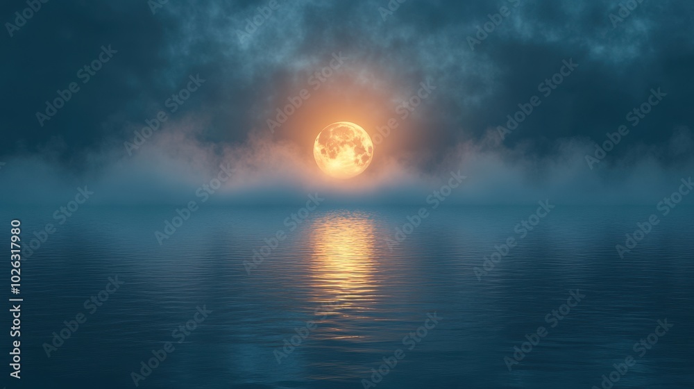 Naklejka premium Halloween-themed decorative scene. A bright full moon reflects on the calm surface of a misty lake, surrounded by a foggy forest, creating a serene atmosphere.