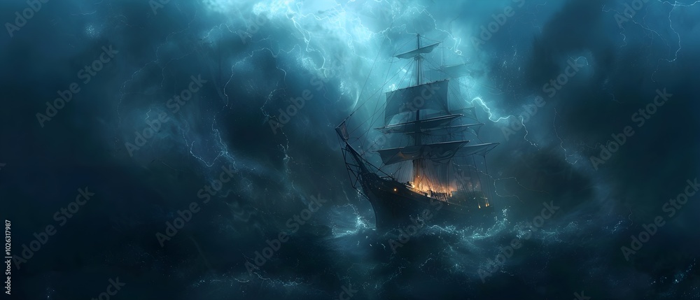Dramatic Haunted Ship in Stormy Halloween Night Dramatic Haunted Ship in Stormy Halloween Night