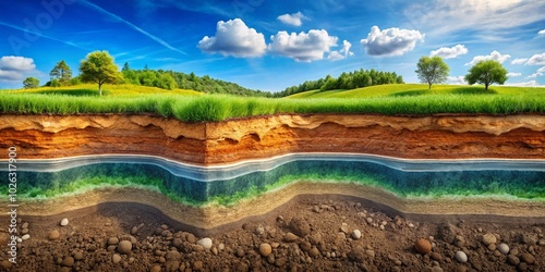 Detailed Water Table Diagram Illustrating Groundwater Levels, Aquifers, and Soil Layers for Educational Purposes and photo