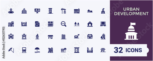 Set of solid Urban development icons. Related to building, hospital, street, cityscape, company and more. Editable filled icon collection. Pixel perfect, Vector illustration.