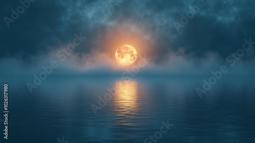 Halloween-themed decorative scene. A bright full moon reflects on the calm surface of a misty lake, surrounded by a foggy forest, creating a serene atmosphere.