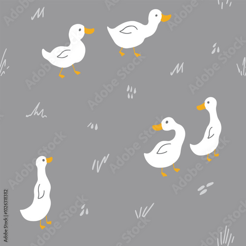 Cute Cartoon Duck Seamless Pattern, Vector Illustration Background