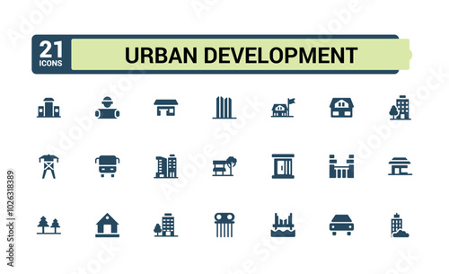 Urban development solid style icons bundel. Related to building, constraction, hospital, fountain, cityscape, company and more. Editable filled icon collection. Pixel perfect.