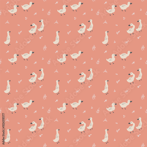 Cute Cartoon Duck Seamless Pattern, Vector Illustration Background