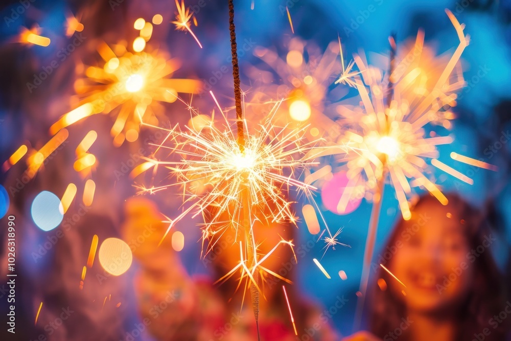 Close-up of sparkler fireworks illuminating night celebration with colorful bokeh background Close-up of sparkler fireworks illuminating night celebration with colorful bokeh background
