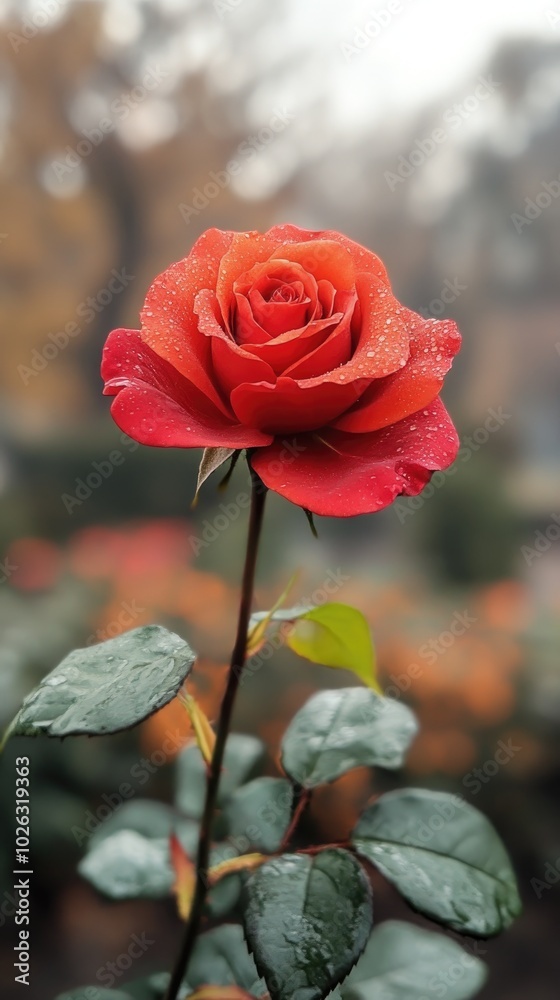 Single red rose blooming in garden with golden light Single red rose blooming in garden with golden light