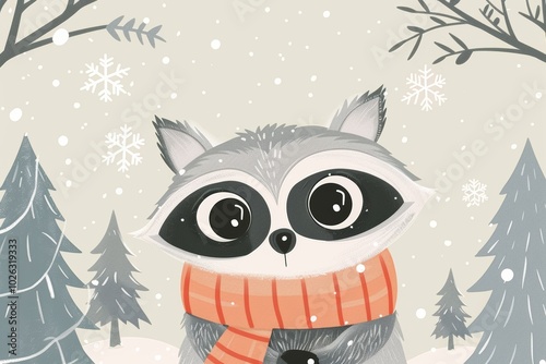 Cute winter raccoon in scarf and snowy forest scene