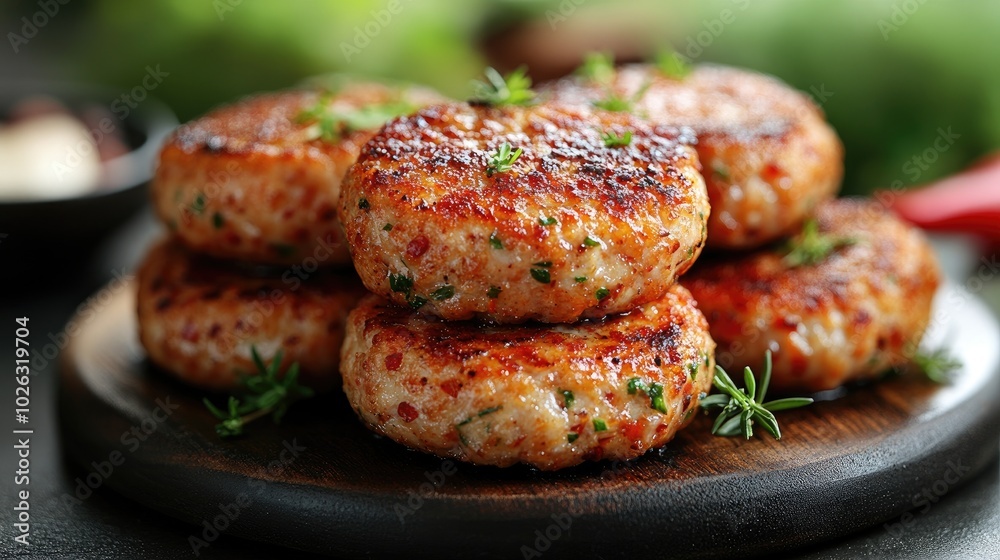 Delicious fried chicken cutlets served on wooden plate with rosemary Delicious fried chicken cutlets served on wooden plate with rosemary