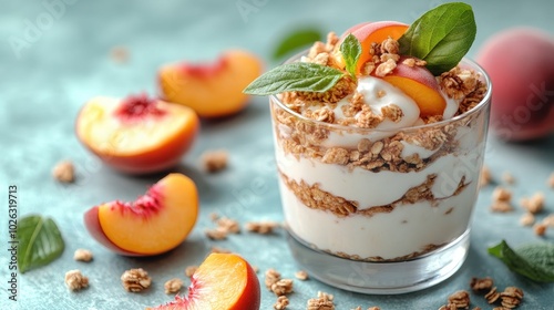 Delicious breakfast bowls with yogurt, granola, and fresh peaches on a blue background