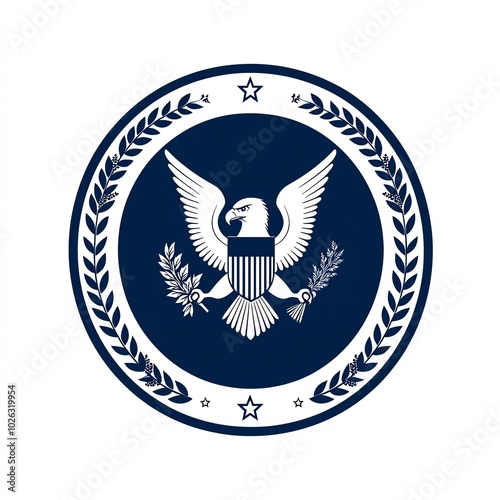 The image features a stylized emblem with an eagle, surrounded by laurel leaves and stars, symbolizing strength and unity.