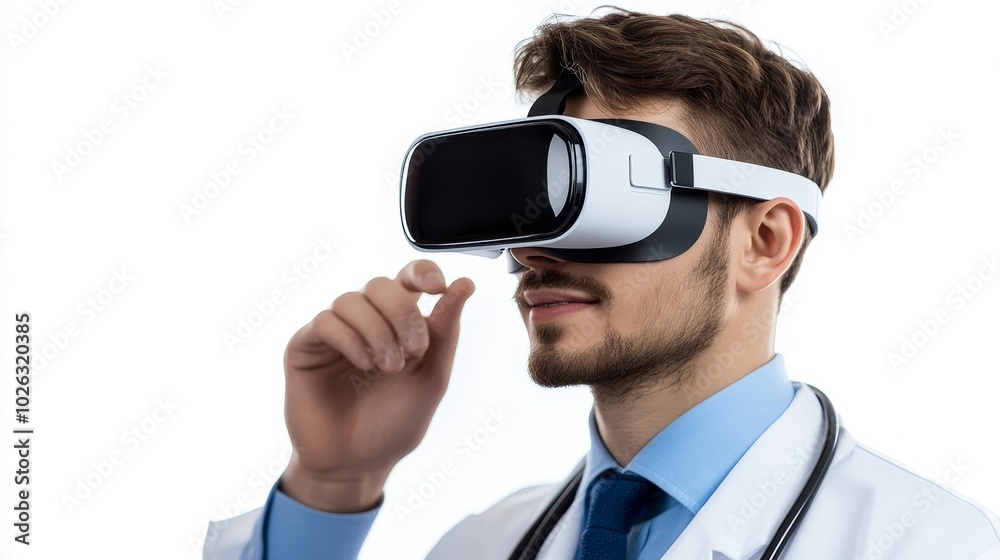 Young Caucasian male doctor using virtual reality headset for medical training. Young Caucasian male doctor using virtual reality headset for medical training.