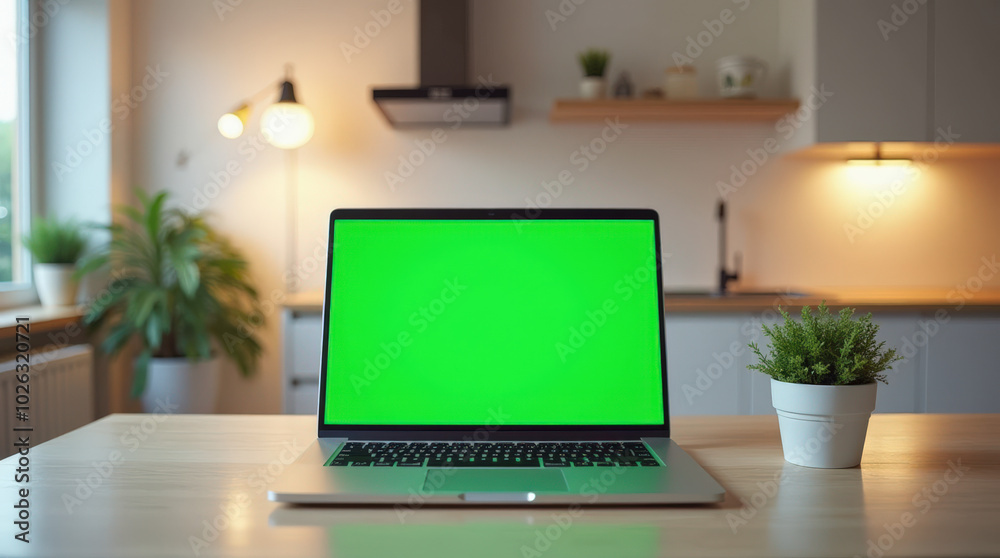 Modern Home Office with Laptop and Green Screen - Perfect Workspace Setup for Freelancers in Kitchen Environment with Plants and Warm Lighting Modern Home Office with Laptop and Green Screen - Perfect Workspace Setup for Freelancers in Kitchen Environment with Plants and Warm Lighting