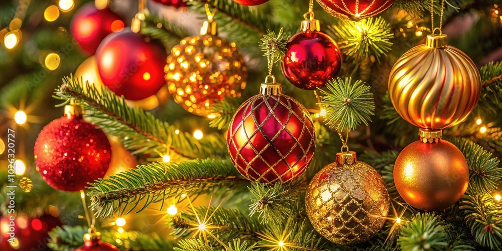 Red and Golden Christmas Baubles on Tree - Festive Holiday Decor Red and Golden Christmas Baubles on Tree - Festive Holiday Decor