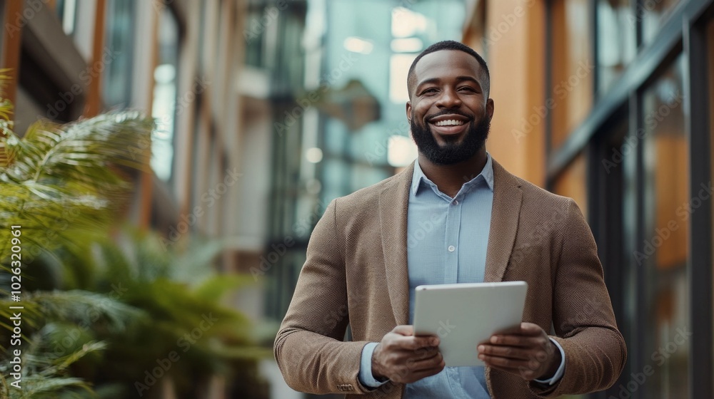 A man wearing a brown jacket and blue shirt is holding a tablet A man wearing a brown jacket and blue shirt is holding a tablet