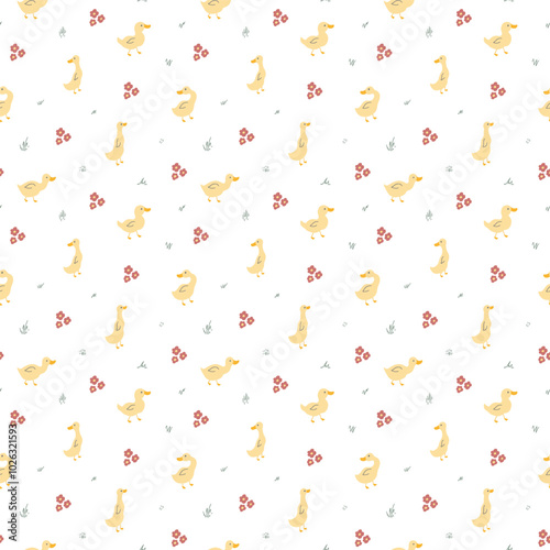 Cute Cartoon Duck Seamless Pattern, Vector Illustration Background