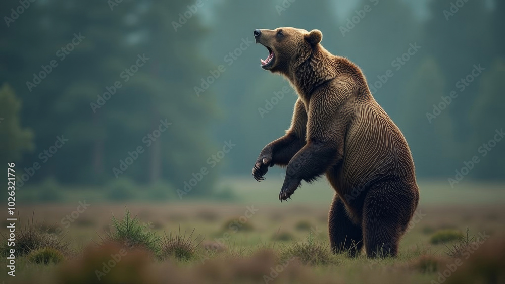Fototapeta premium A big grizzly bear stands on its hind legs and growls, wildlife. Banner.