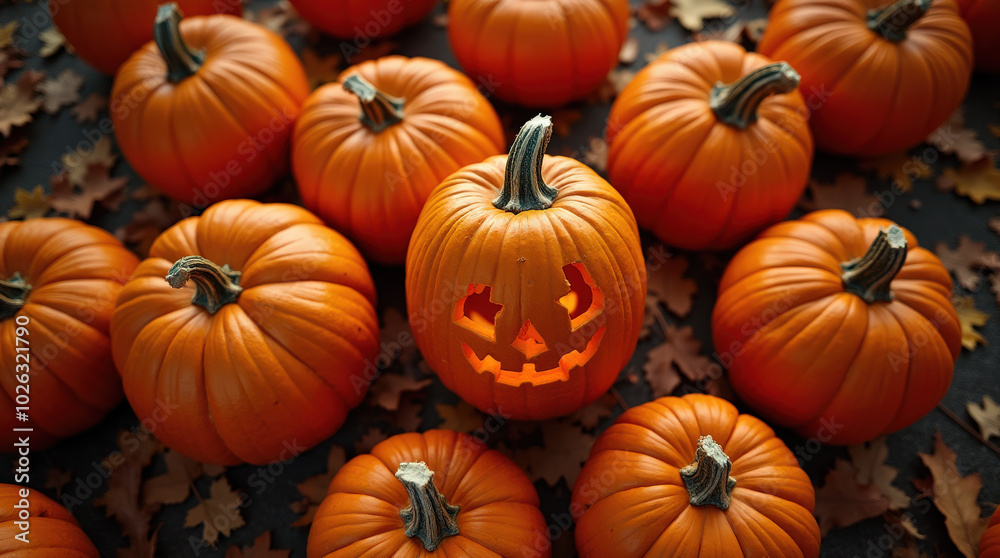 Festive Halloween Jack-O’-Lantern Pumpkins in Fall Leaves - Autumn Halloween Decoration and Carving Ideas Festive Halloween Jack-O’-Lantern Pumpkins in Fall Leaves - Autumn Halloween Decoration and Carving Ideas