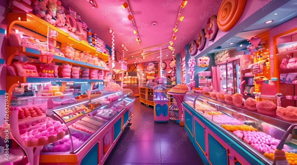 A whimsical candy shop with pink and blue decor and shelves filled with colorful sweets. A whimsical candy shop with pink and blue decor and shelves filled with colorful sweets.