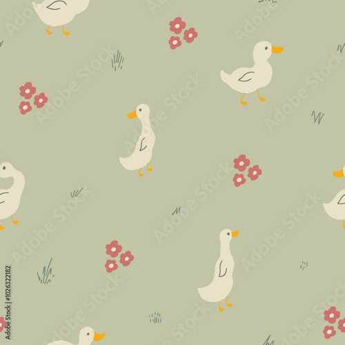 Cute Cartoon Duck Seamless Pattern, Vector Illustration Background
